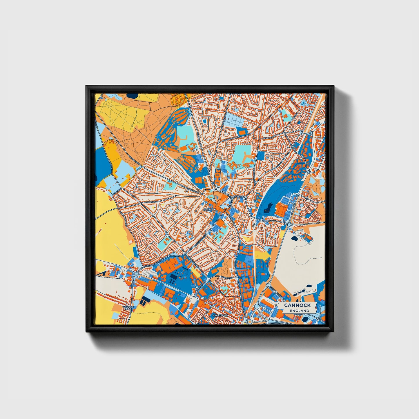 Cannock England Colorful City Map Canvas Print • Black Framed