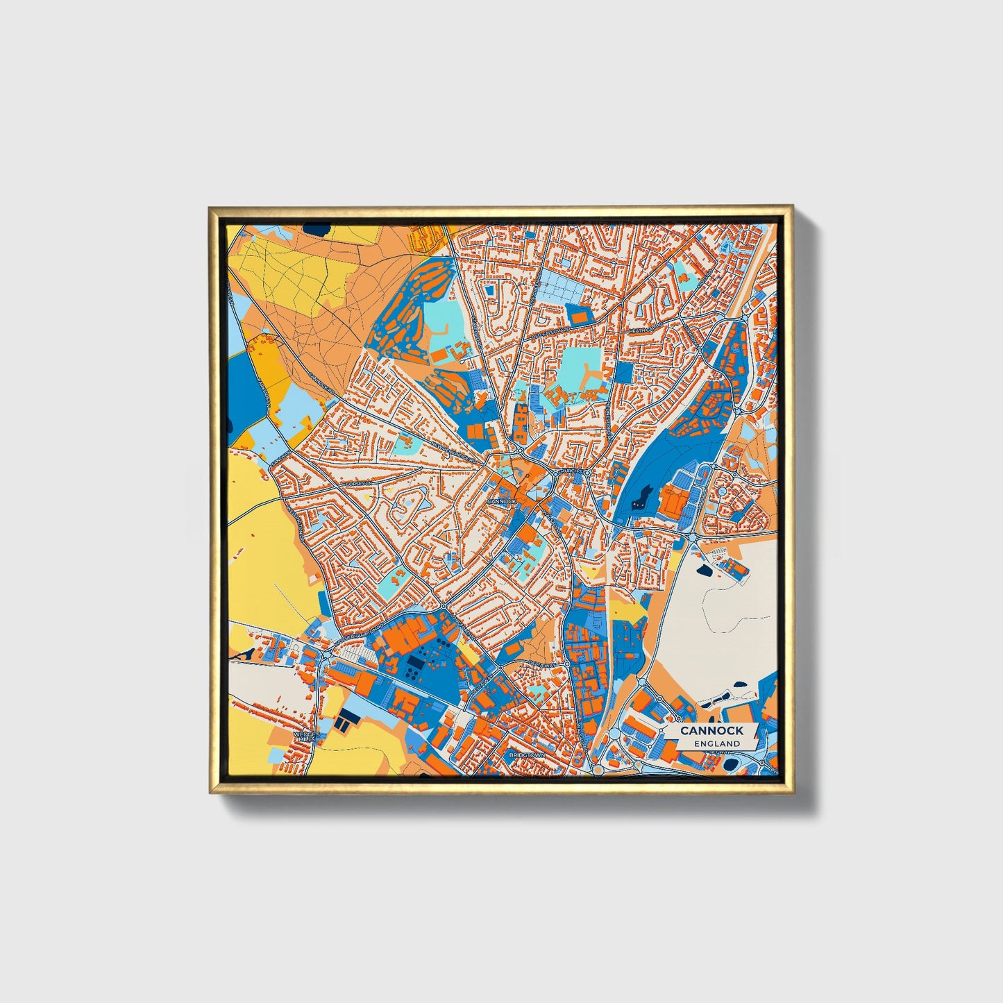 Cannock England Colorful City Map Canvas Print • Gold Framed