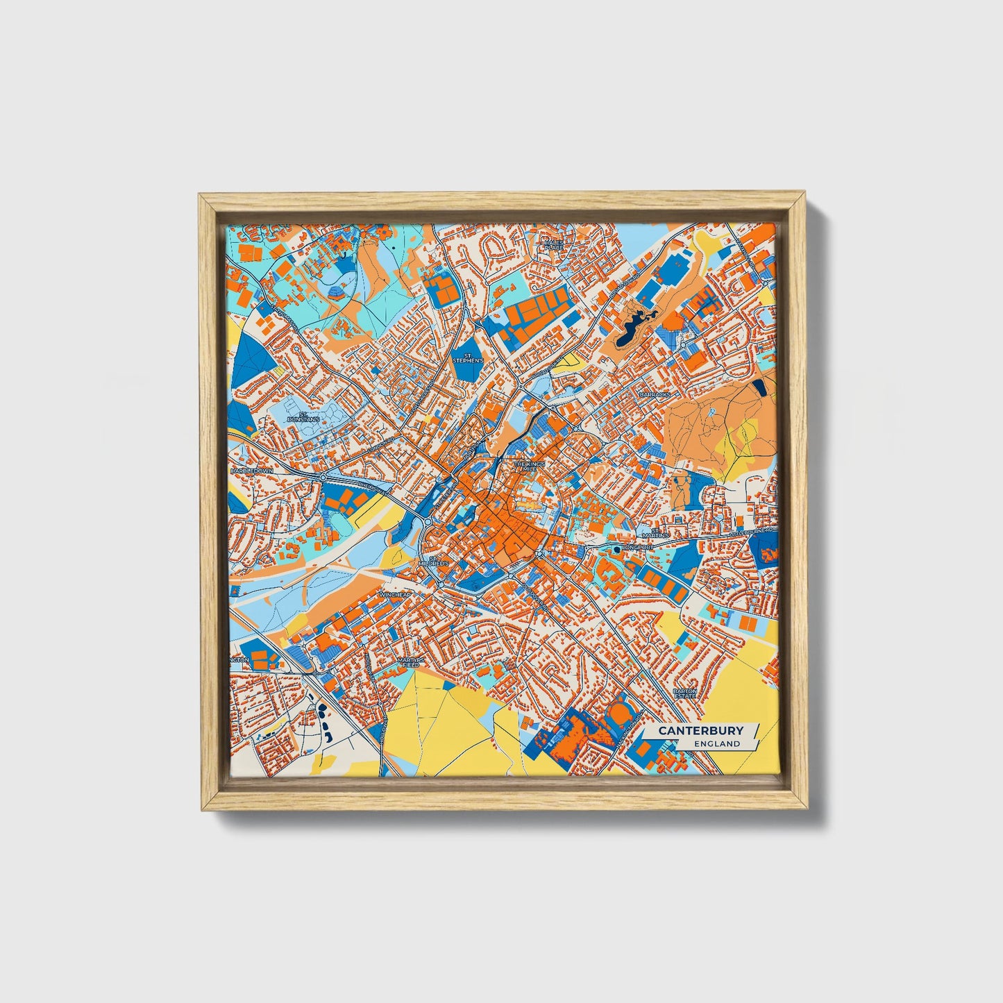 Canterbury England Colorful City Map Canvas Print • Natural Wooden Framed