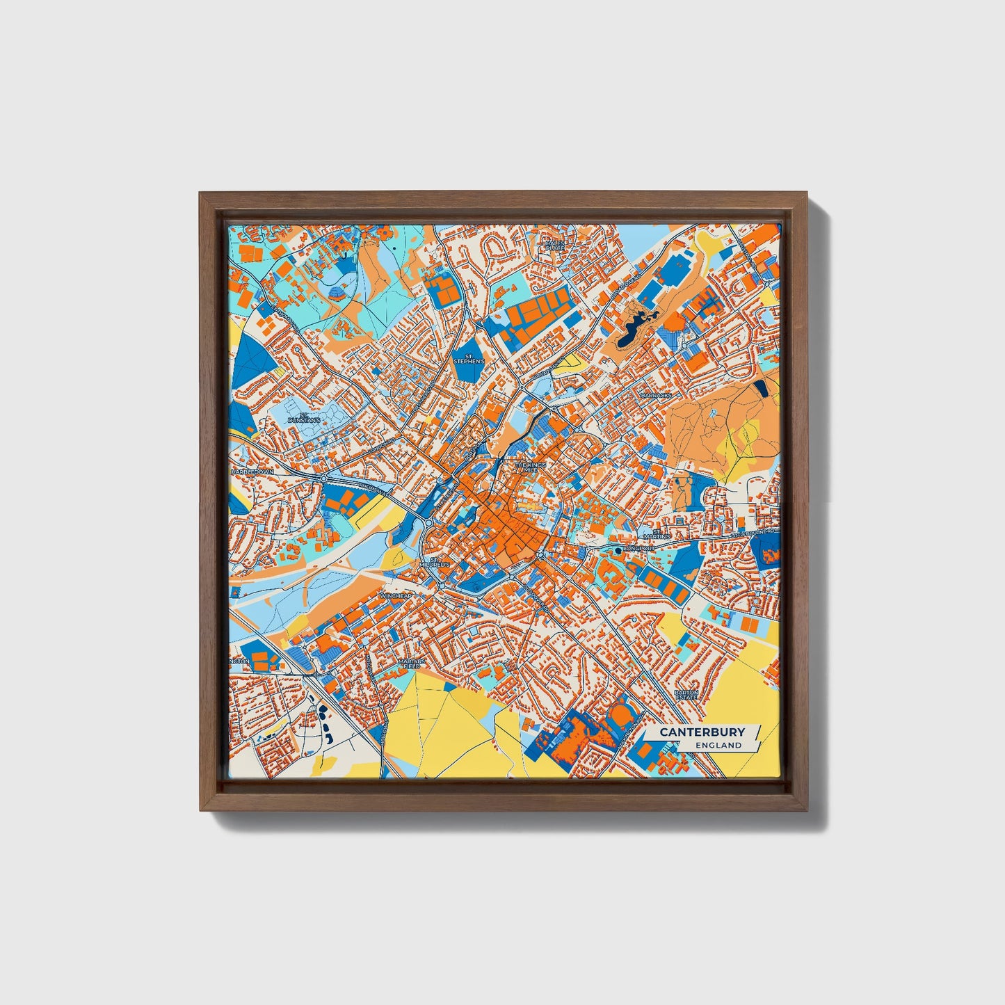 Canterbury England Colorful City Map Canvas Print • Dark Wooden Framed