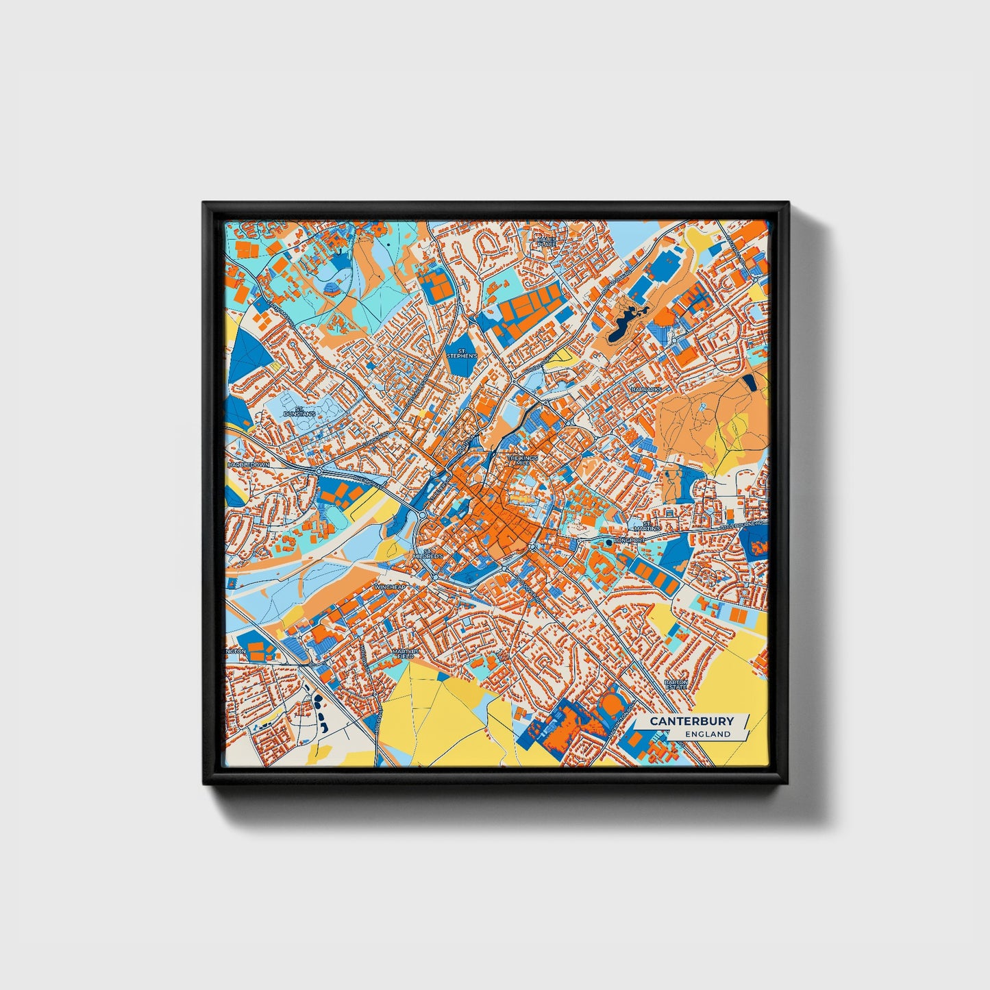 Canterbury England Colorful City Map Canvas Print • Black Framed
