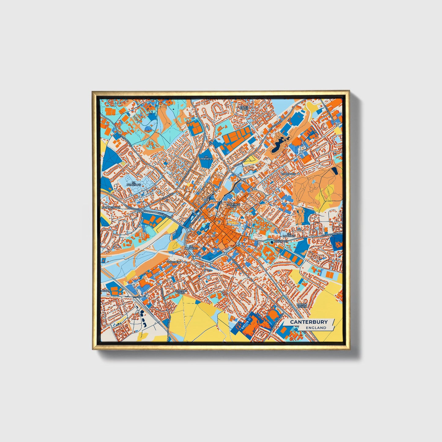 Canterbury England Colorful City Map Canvas Print • Gold Framed