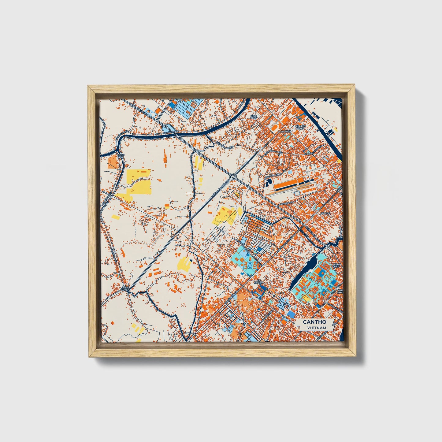 Cantho Vietnam Colorful City Map Canvas Print • Natural Wooden Framed