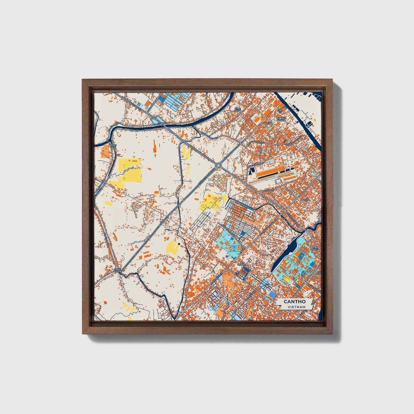 Cantho Vietnam Colorful City Map Canvas Print • Dark Wooden Framed