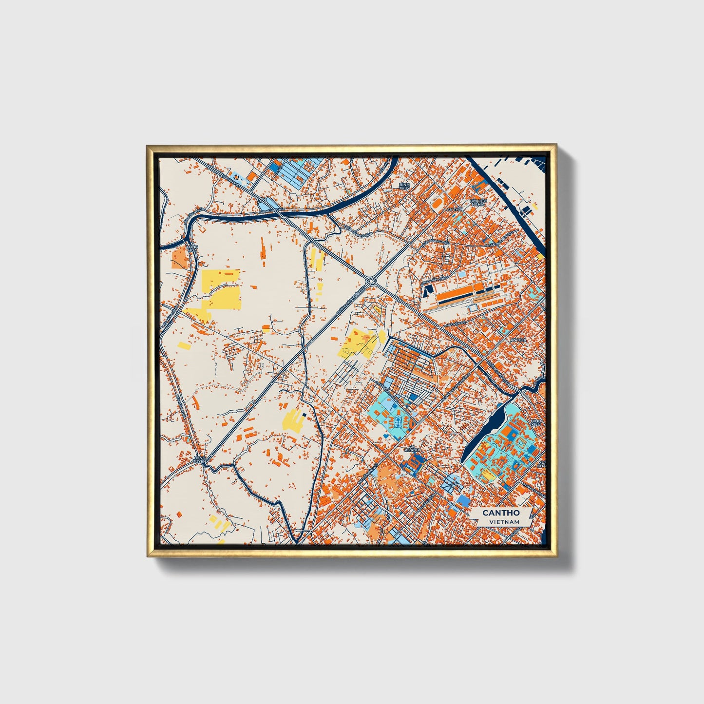 Cantho Vietnam Colorful City Map Canvas Print • Gold Framed