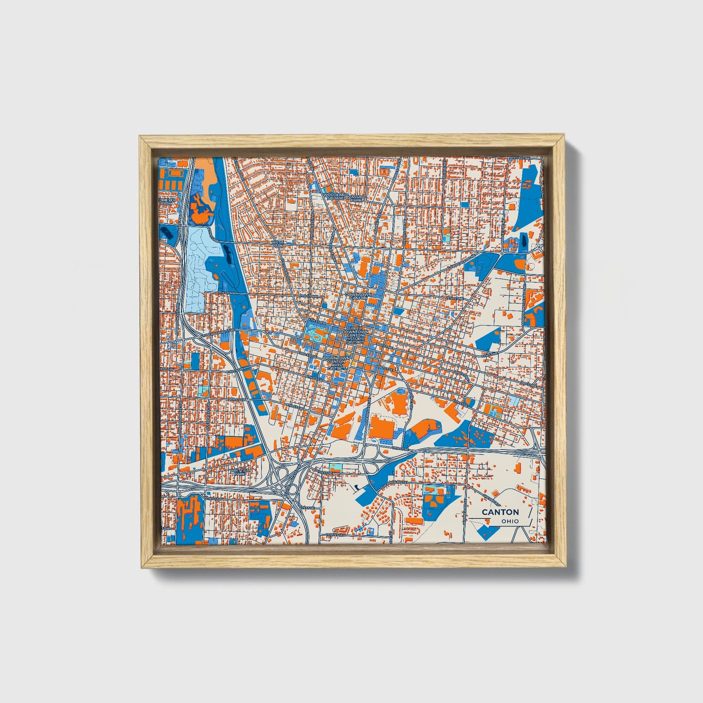 Canton Ohio Colorful City Map Canvas Print • Natural Wooden Framed