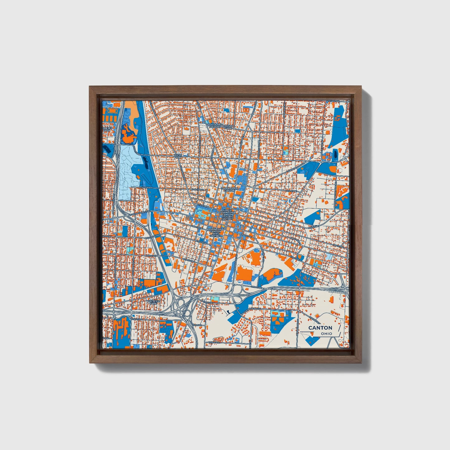 Canton Ohio Colorful City Map Canvas Print • Dark Wooden Framed