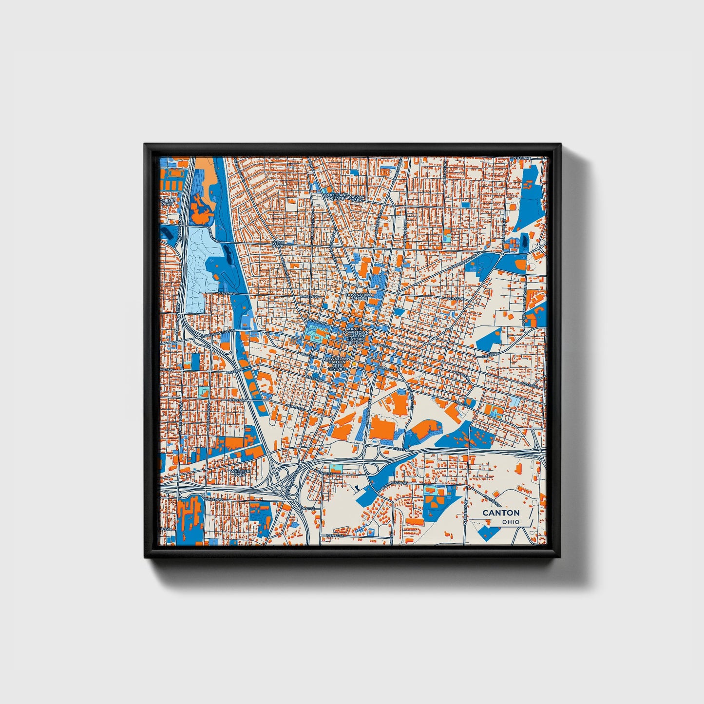 Canton Ohio Colorful City Map Canvas Print • Black Framed
