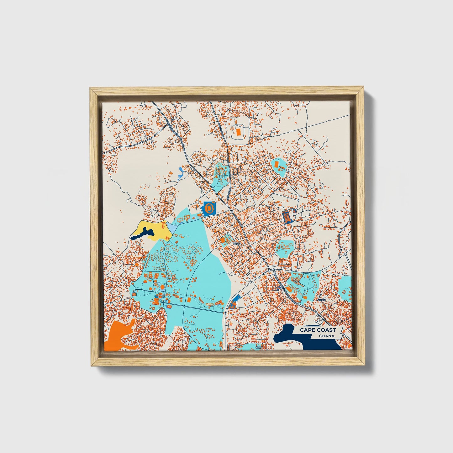 Cape Coast Ghana Colorful City Map Canvas Print • Natural Wooden Framed