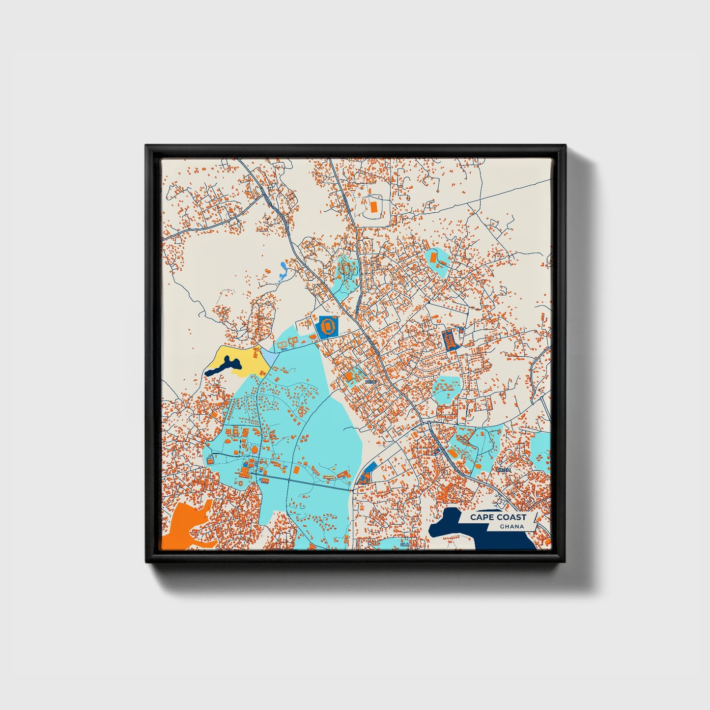 Cape Coast Ghana Colorful City Map Canvas Print • Black Framed