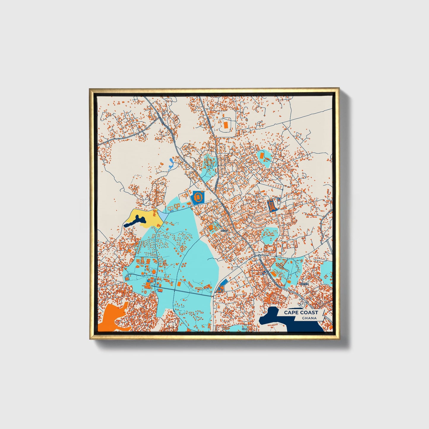 Cape Coast Ghana Colorful City Map Canvas Print • Gold Framed