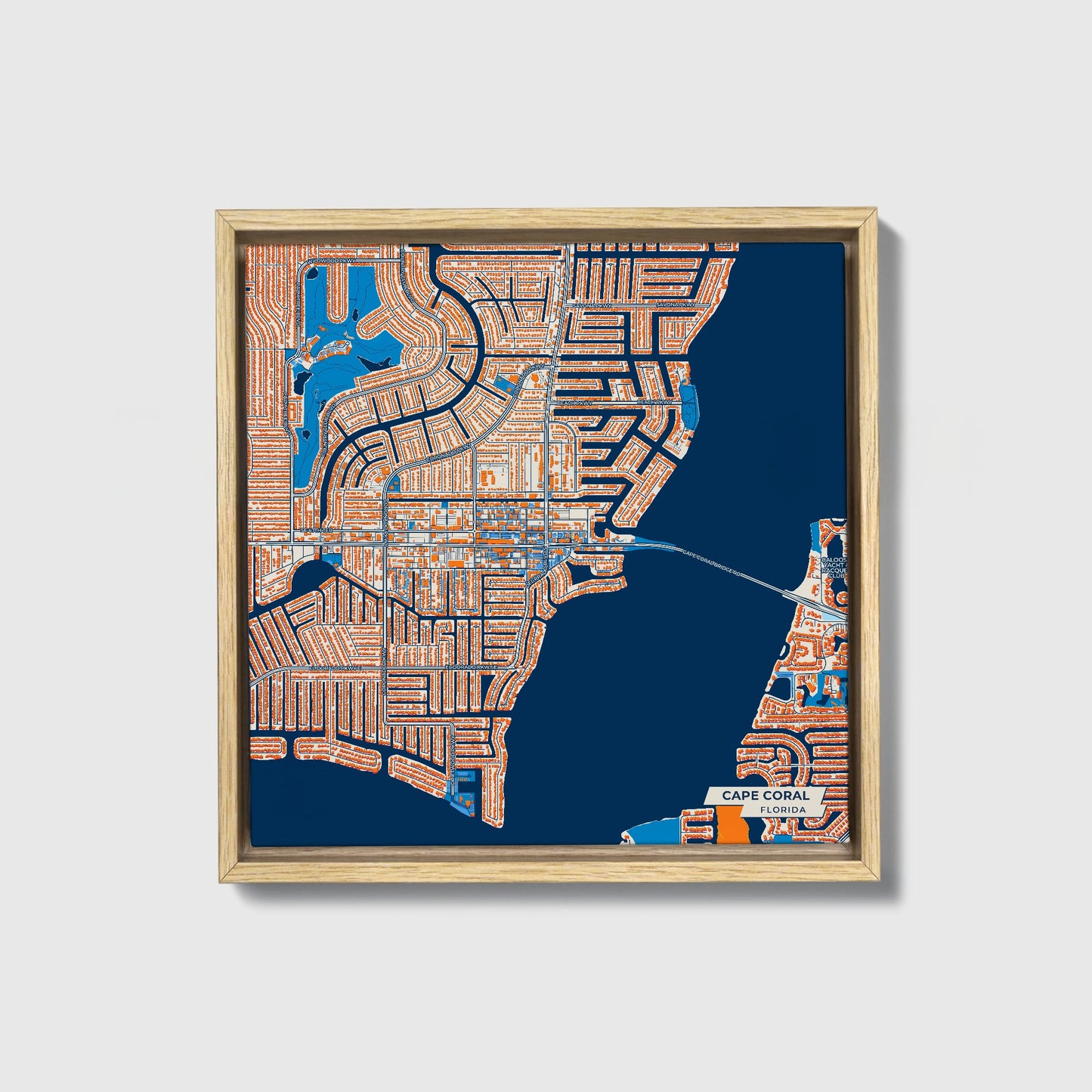 Cape Coral Florida Colorful City Map Canvas Print • Natural Wooden Framed