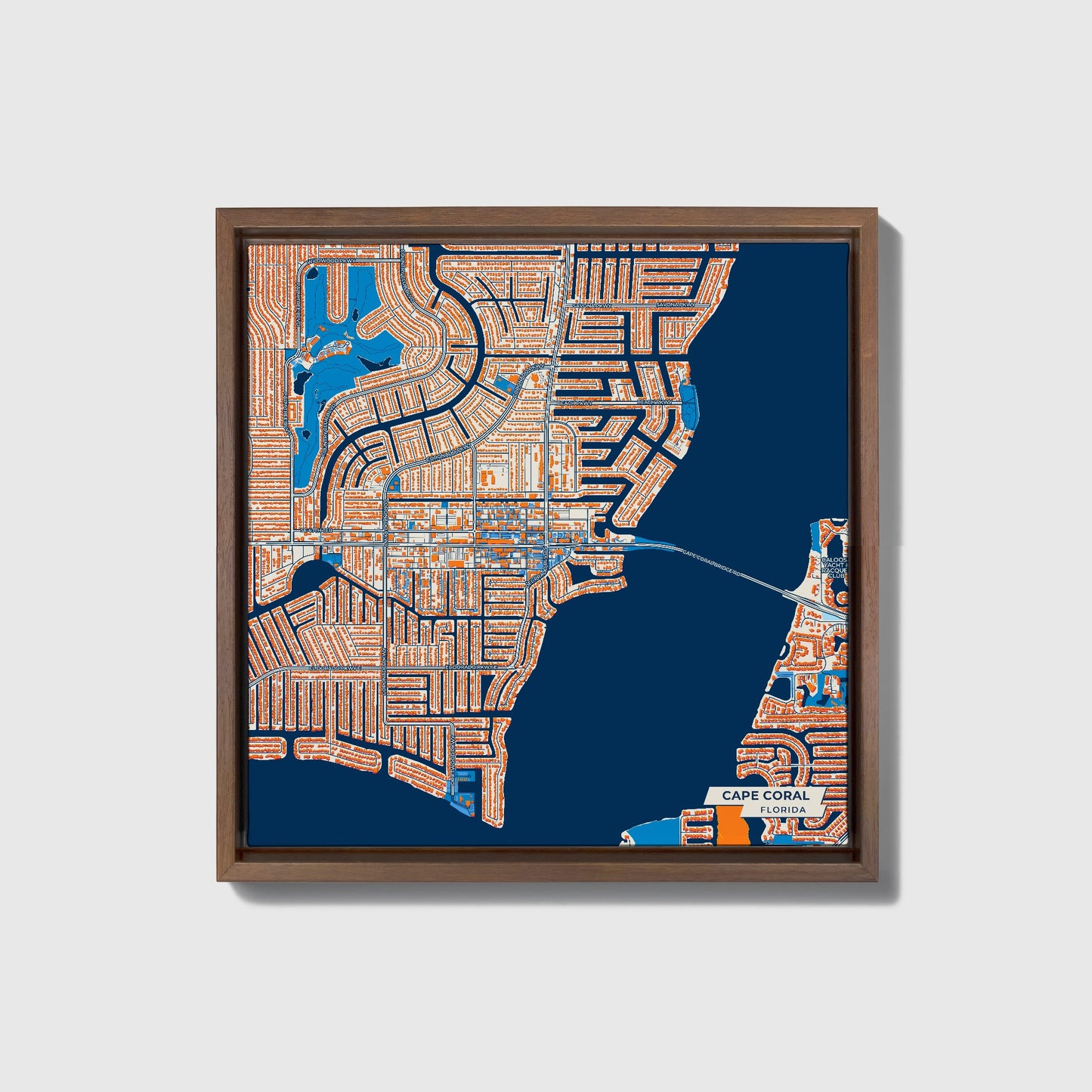 Cape Coral Florida Colorful City Map Canvas Print • Dark Wooden Framed