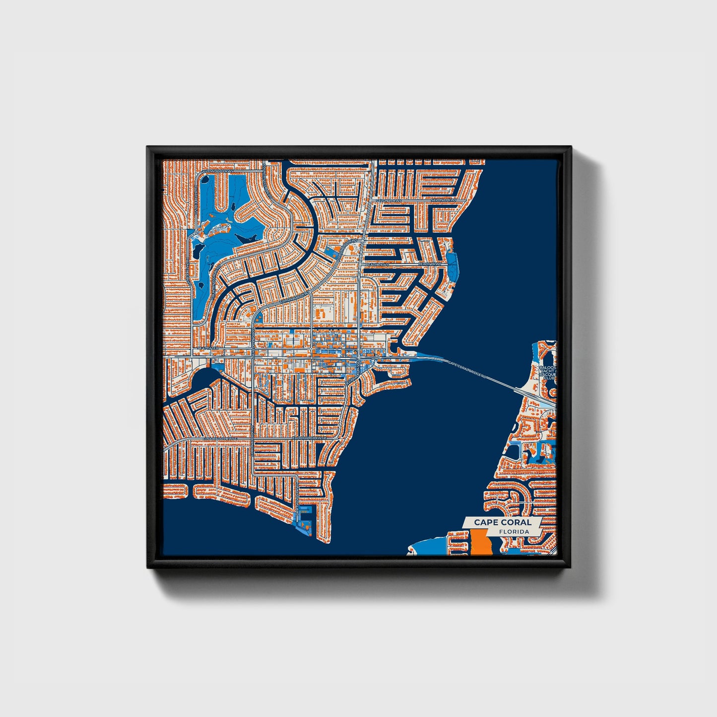 Cape Coral Florida Colorful City Map Canvas Print • Black Framed