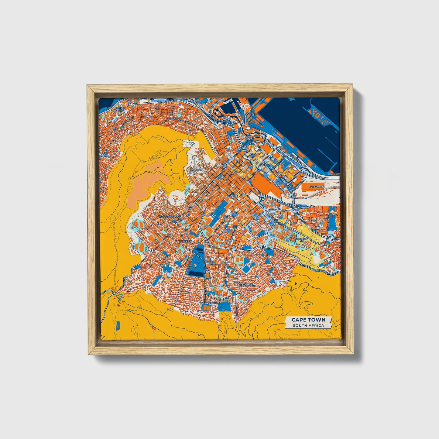 Cape Town South Africa Colorful City Map Canvas Print • Natural Wooden Framed