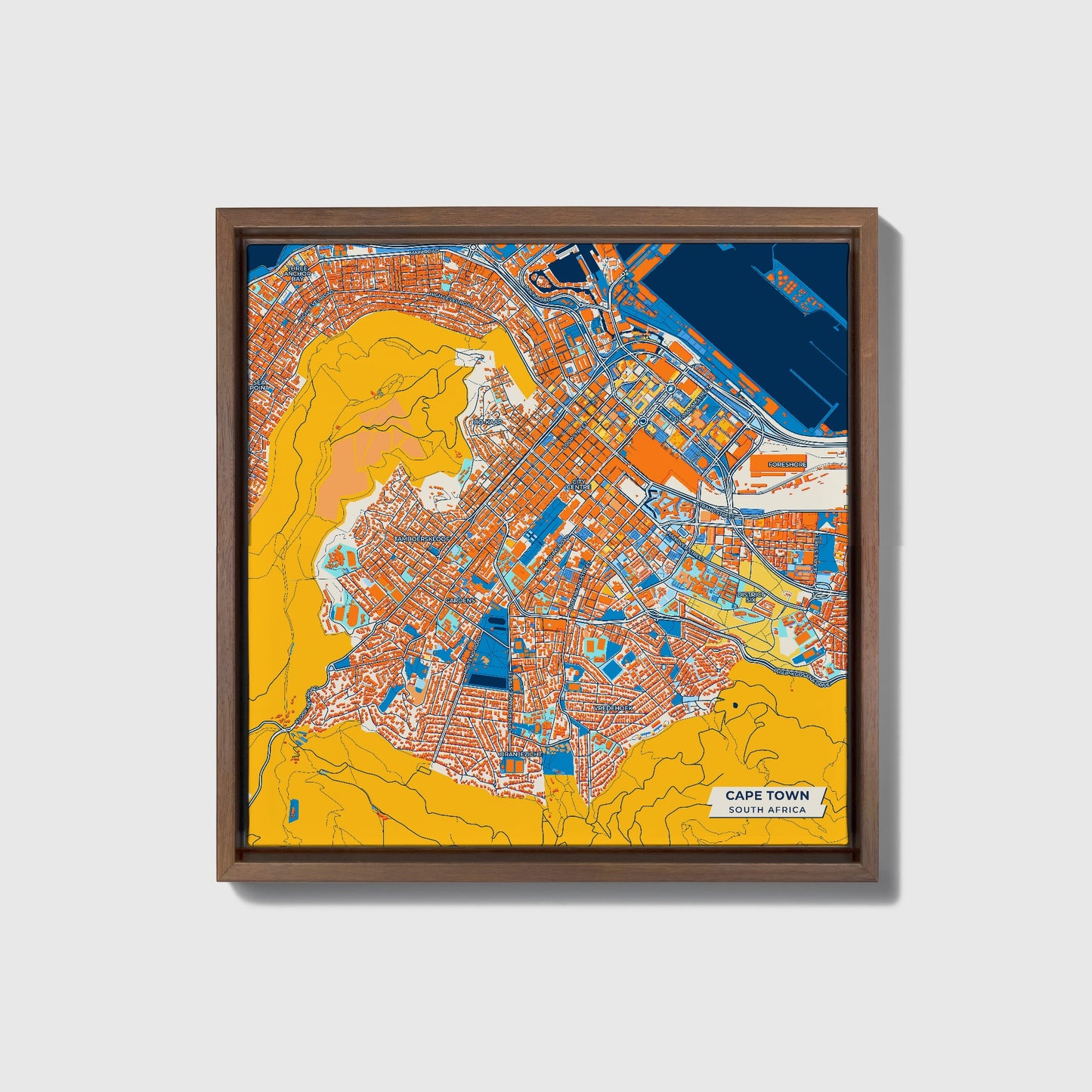 Cape Town South Africa Colorful City Map Canvas Print • Dark Wooden Framed