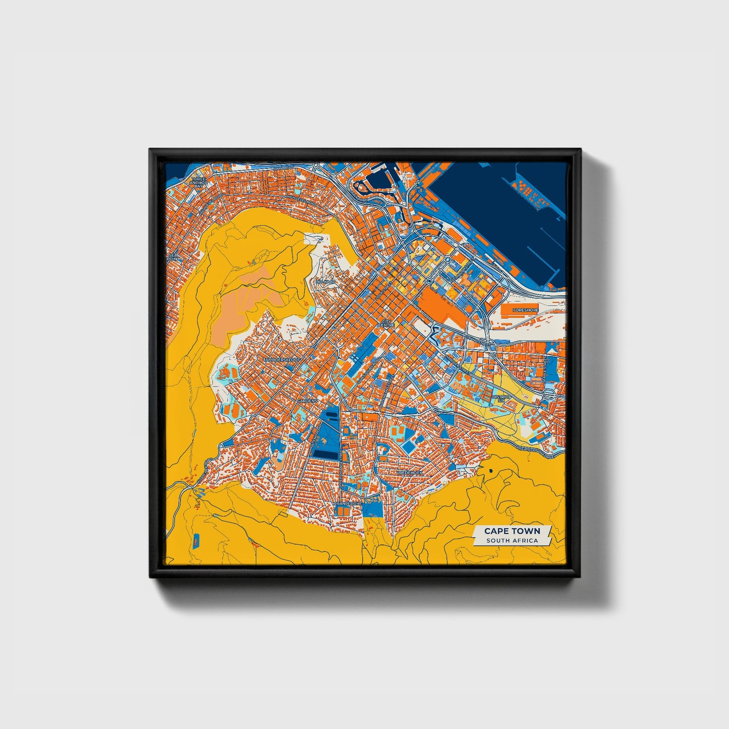 Cape Town South Africa Colorful City Map Canvas Print • Black Framed