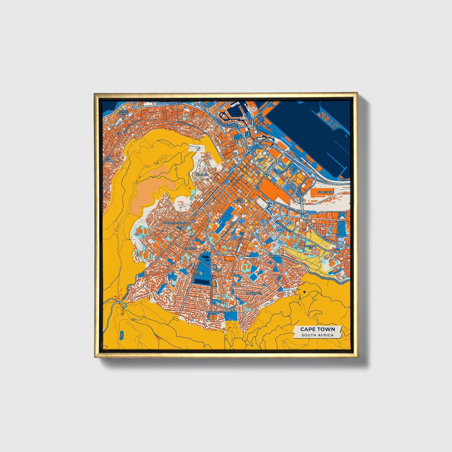 Cape Town South Africa Colorful City Map Canvas Print • Gold Framed