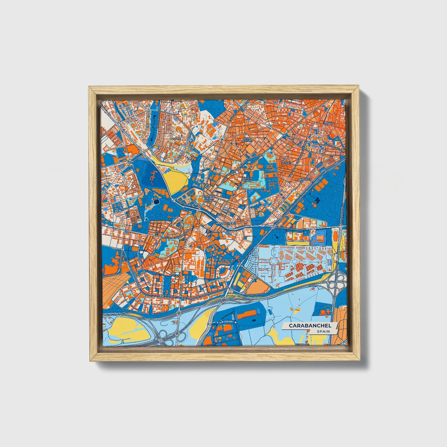 Carabanchel Spain Colorful City Map Canvas Print • Natural Wooden Framed