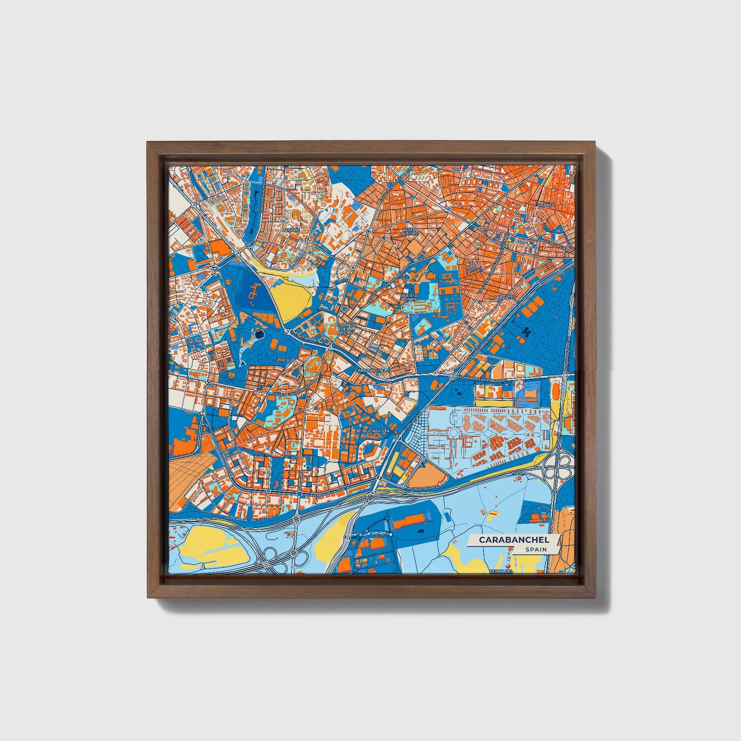 Carabanchel Spain Colorful City Map Canvas Print • Dark Wooden Framed