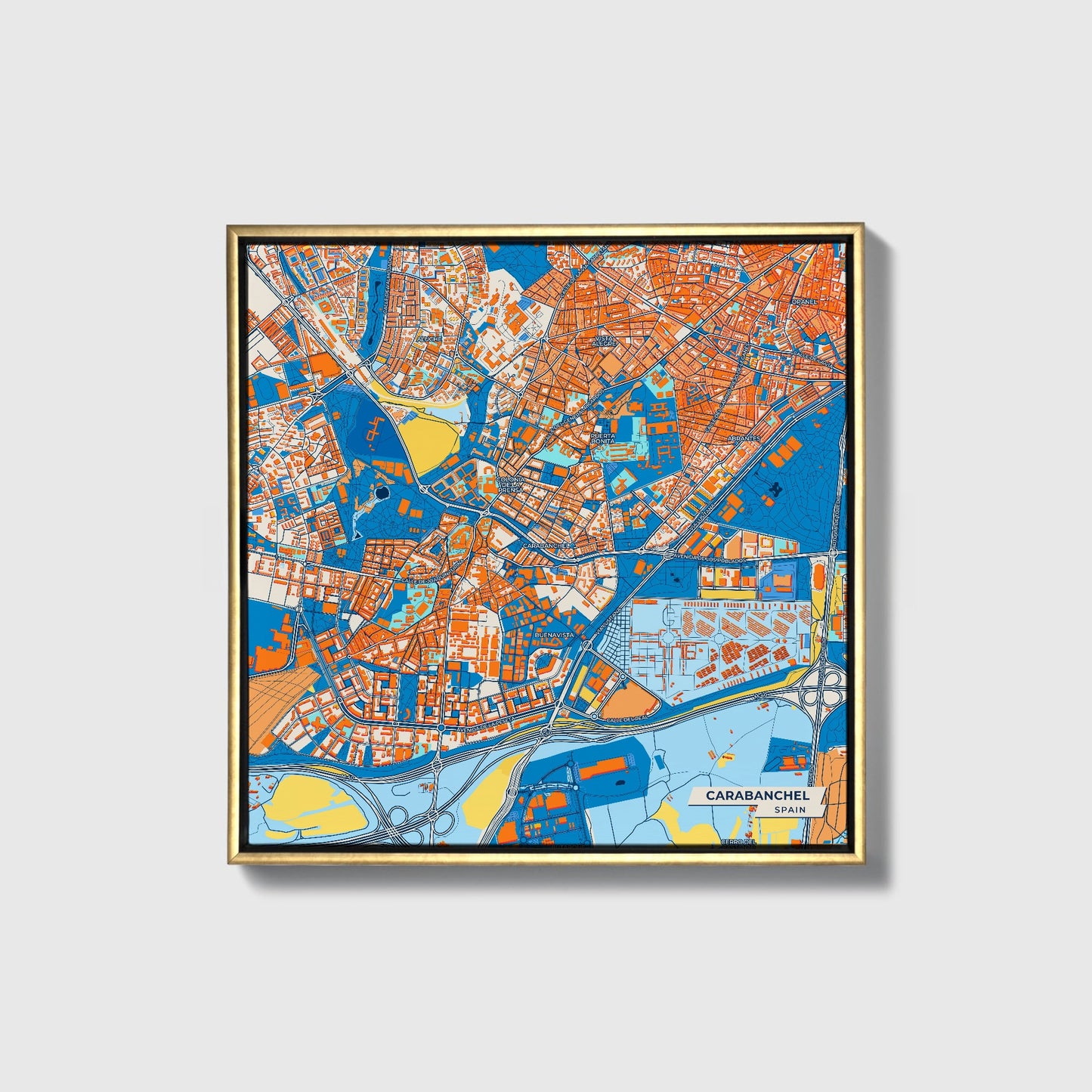 Carabanchel Spain Colorful City Map Canvas Print • Gold Framed
