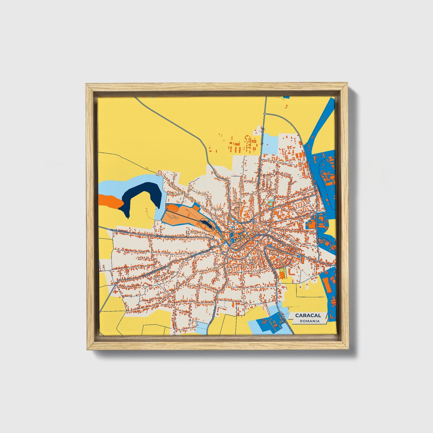Caracal Romania Colorful City Map Canvas Print • Natural Wooden Framed