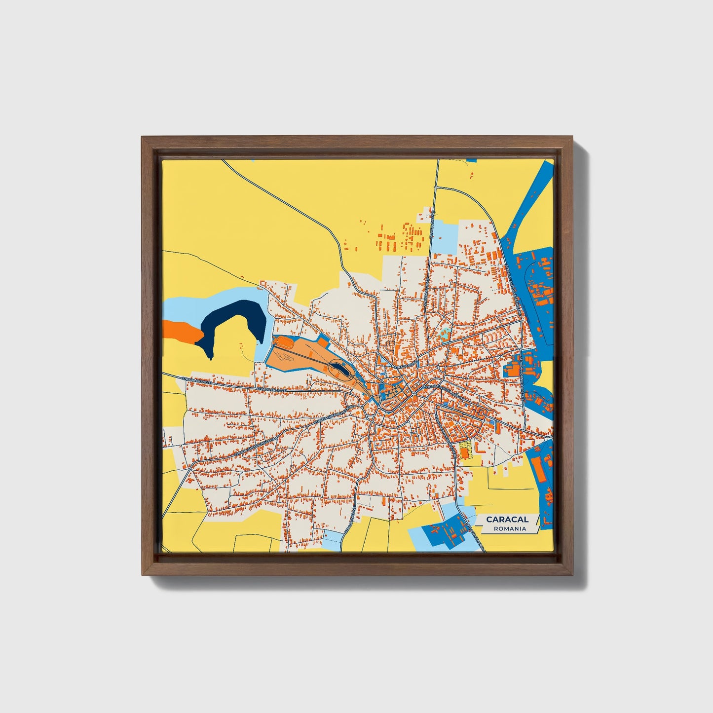 Caracal Romania Colorful City Map Canvas Print • Dark Wooden Framed