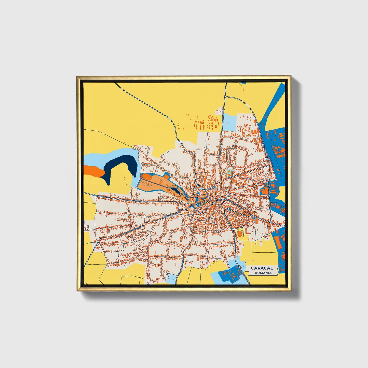 Caracal Romania Colorful City Map Canvas Print • Gold Framed