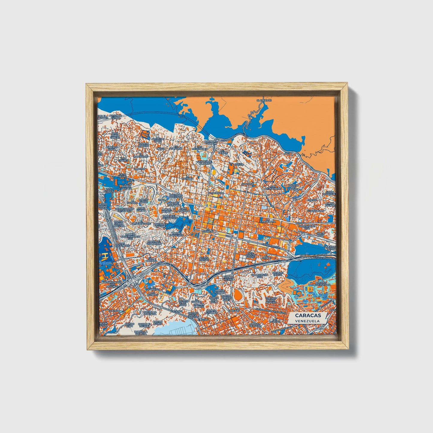 Caracas Venezuela Colorful City Map Canvas Print • Natural Wooden Framed