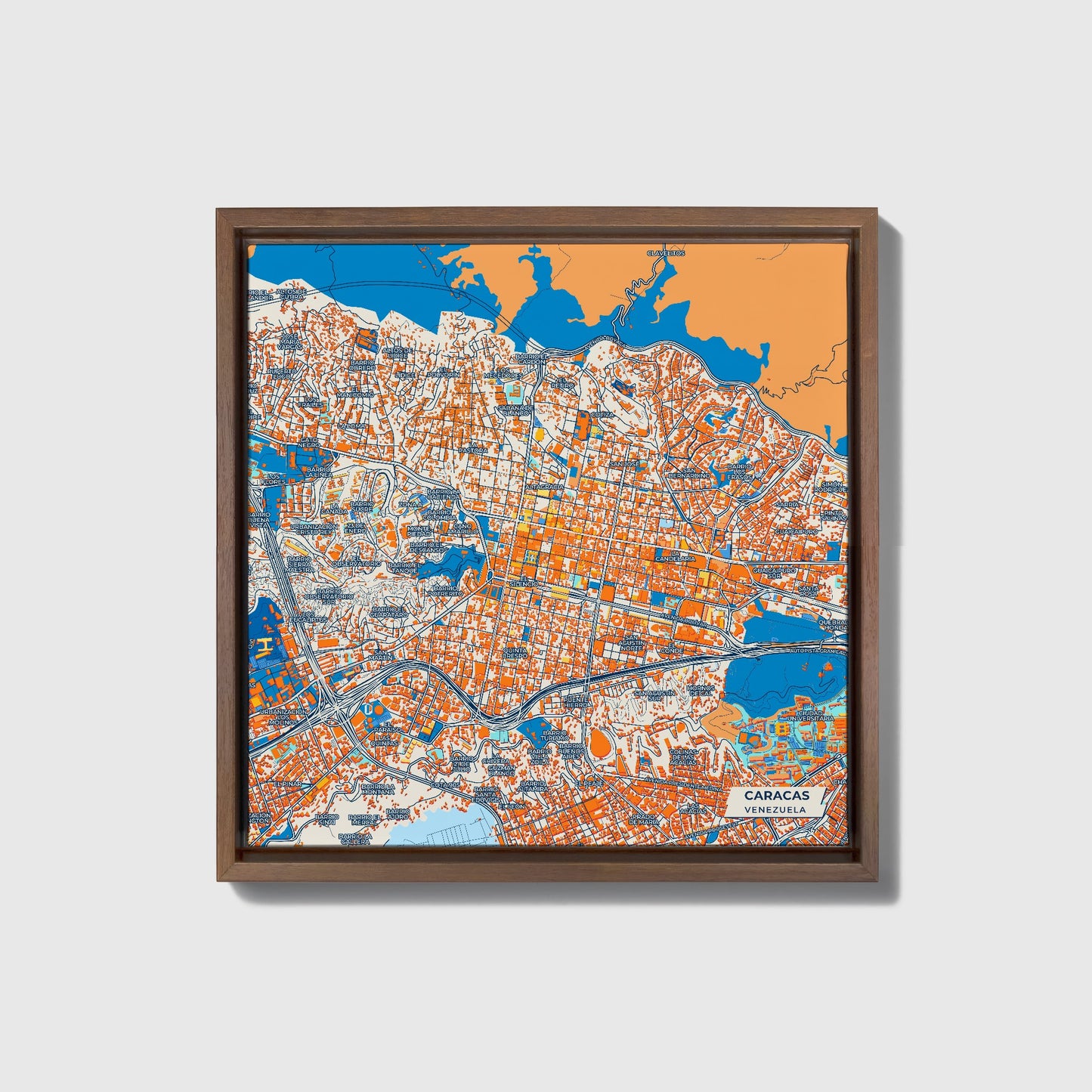Caracas Venezuela Colorful City Map Canvas Print • Dark Wooden Framed