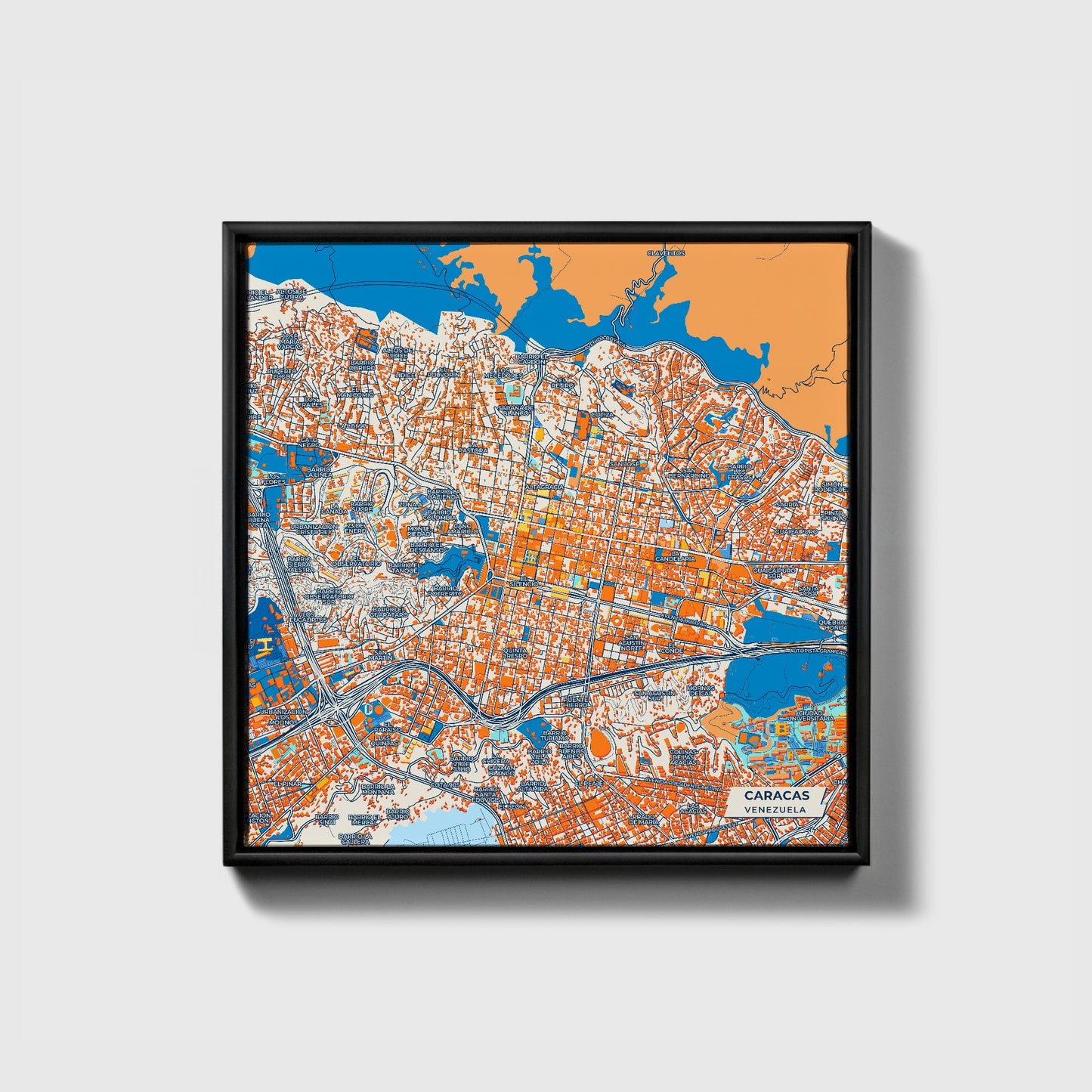 Caracas Venezuela Colorful City Map Canvas Print • Black Framed
