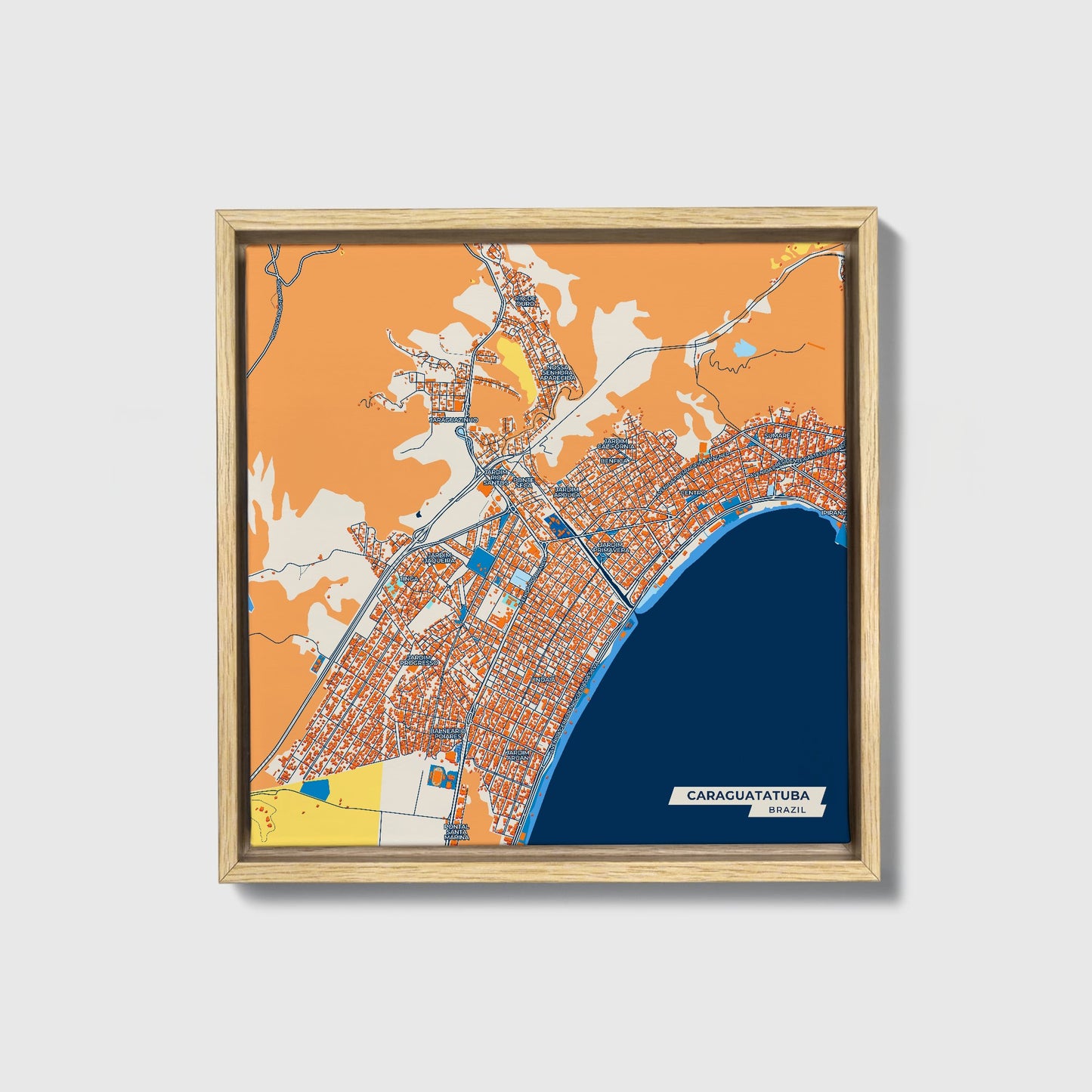 Caraguatatuba Brazil Colorful City Map Canvas Print • Natural Wooden Framed