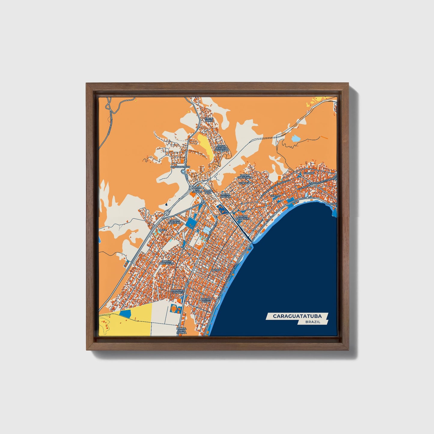 Caraguatatuba Brazil Colorful City Map Canvas Print • Dark Wooden Framed