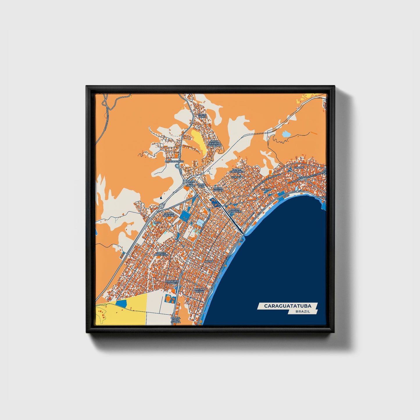 Caraguatatuba Brazil Colorful City Map Canvas Print • Black Framed