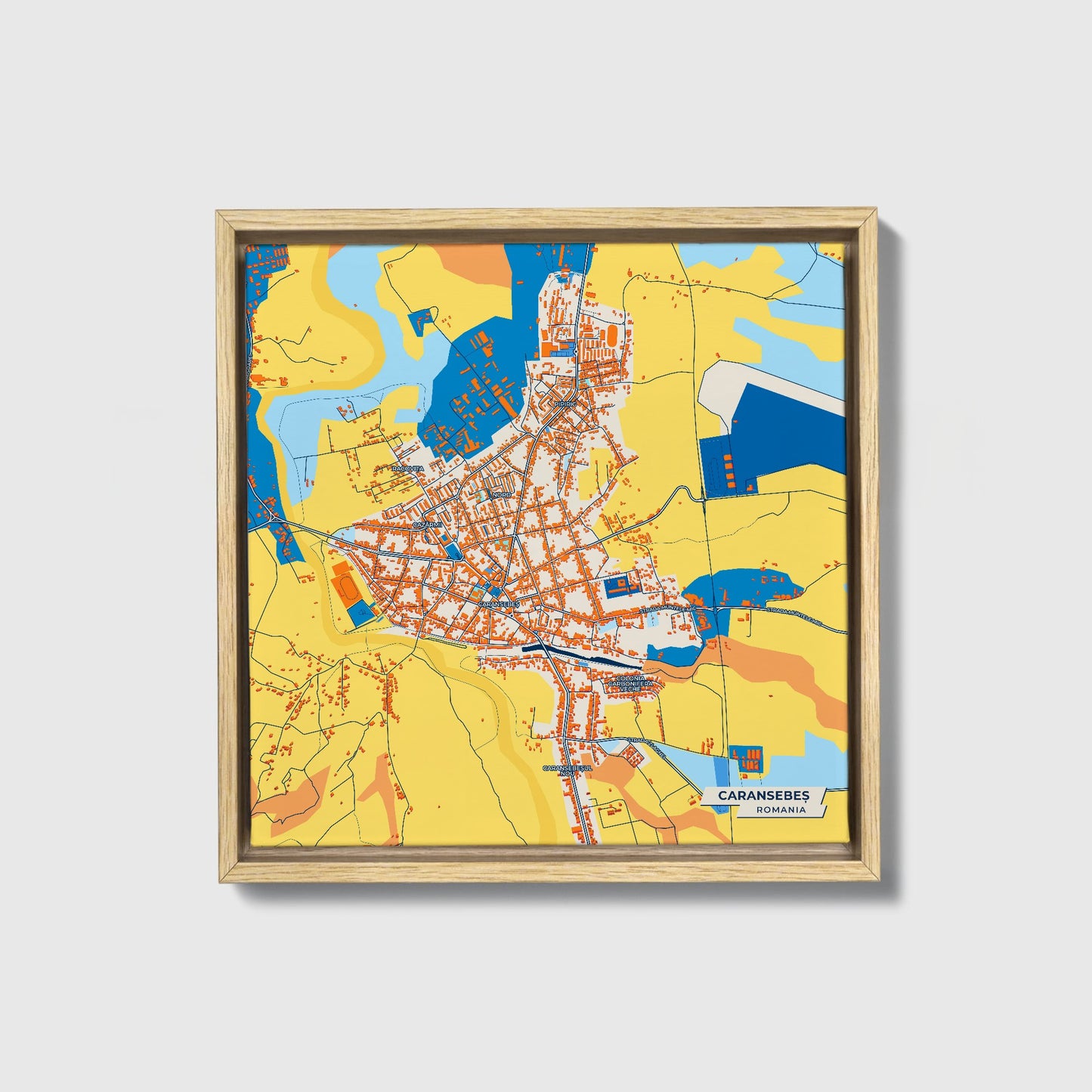 Caransebeș Romania Colorful City Map Canvas Print • Natural Wooden Framed