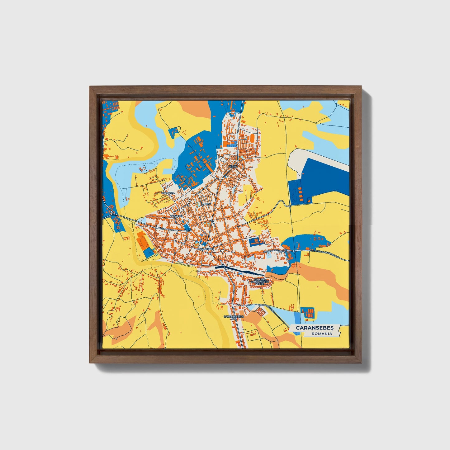 Caransebeș Romania Colorful City Map Canvas Print • Dark Wooden Framed