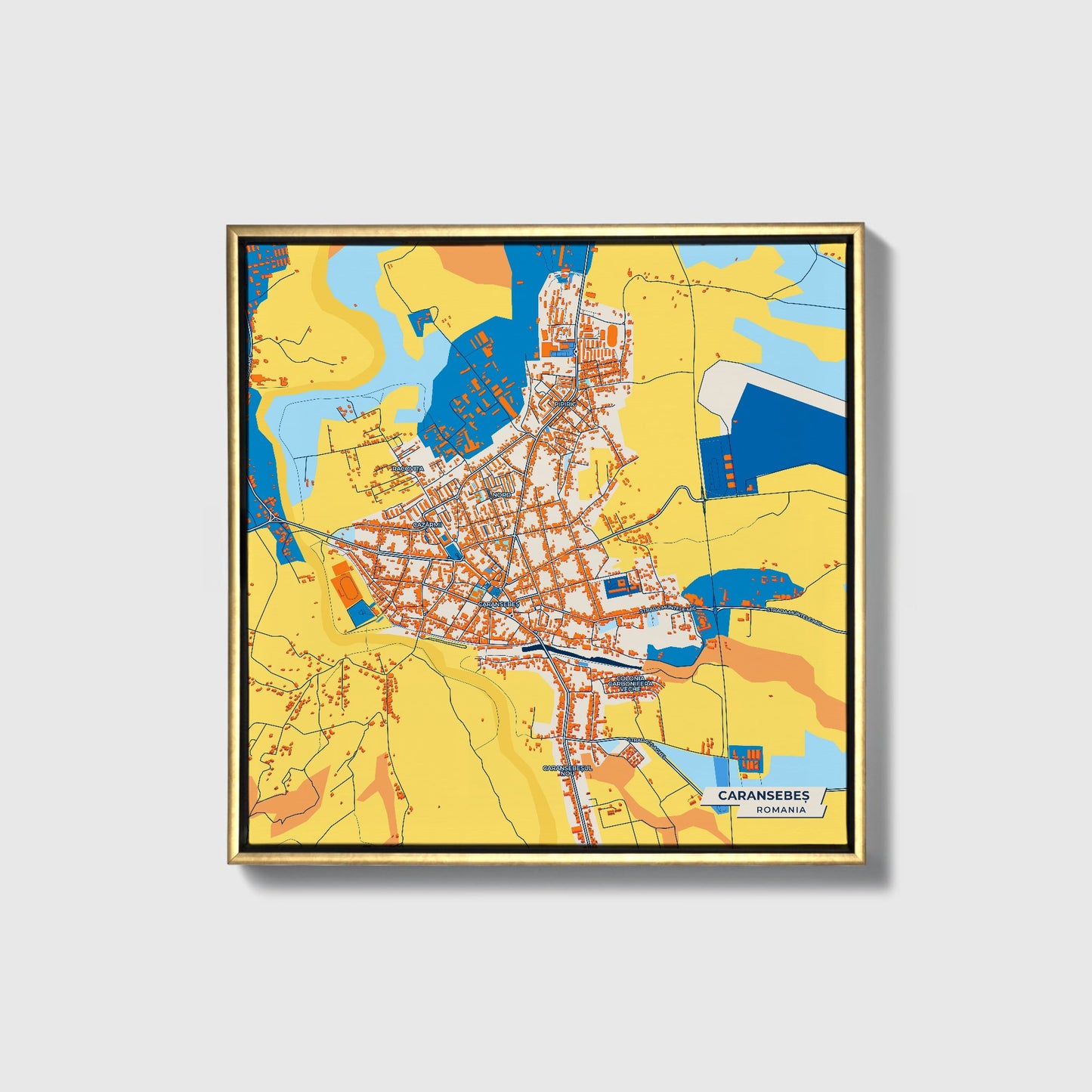 Caransebeș Romania Colorful City Map Canvas Print • Gold Framed