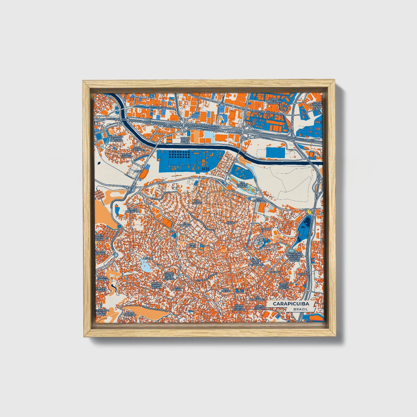 Carapicuiba Brazil Colorful City Map Canvas Print • Natural Wooden Framed
