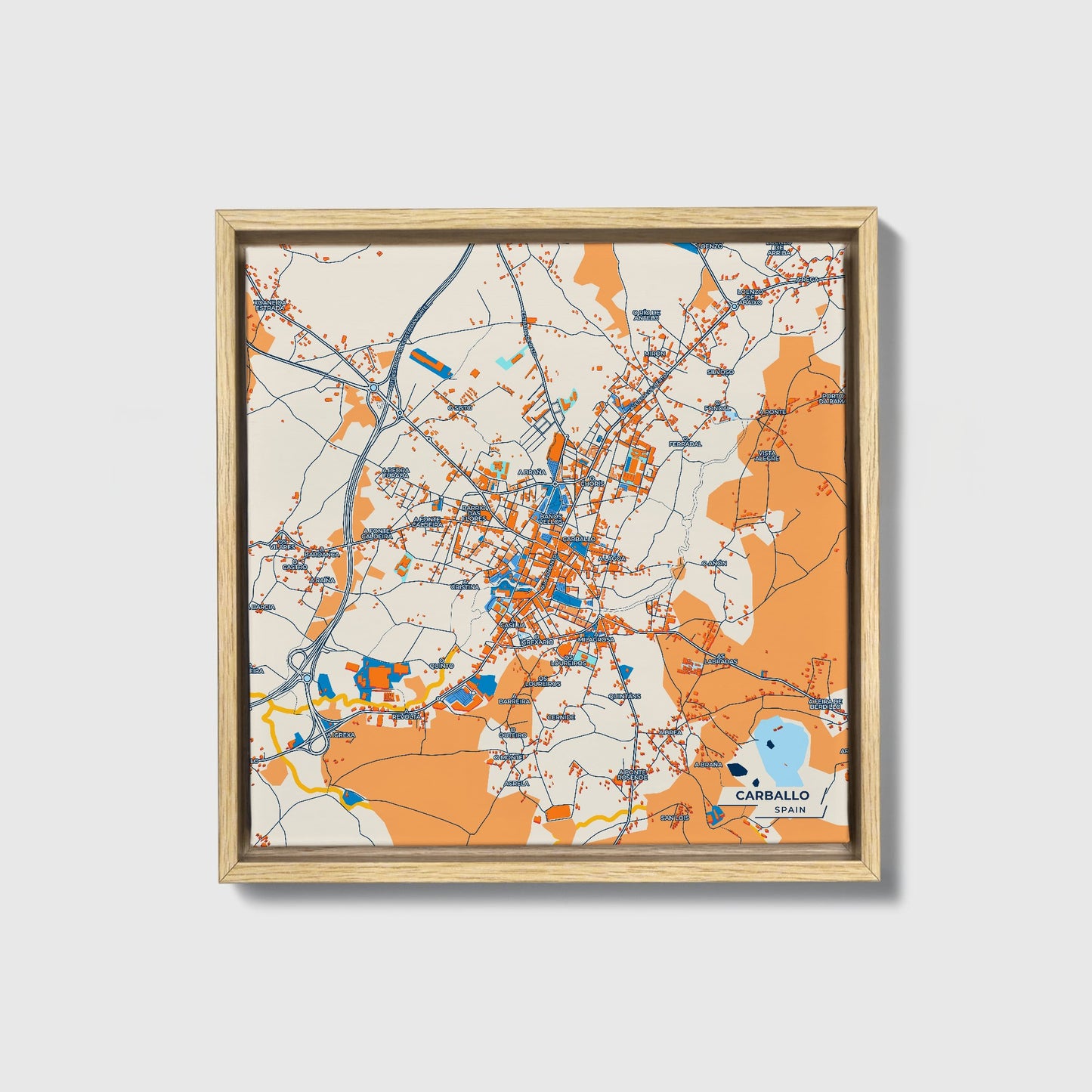 Carballo Spain Colorful City Map Canvas Print • Natural Wooden Framed