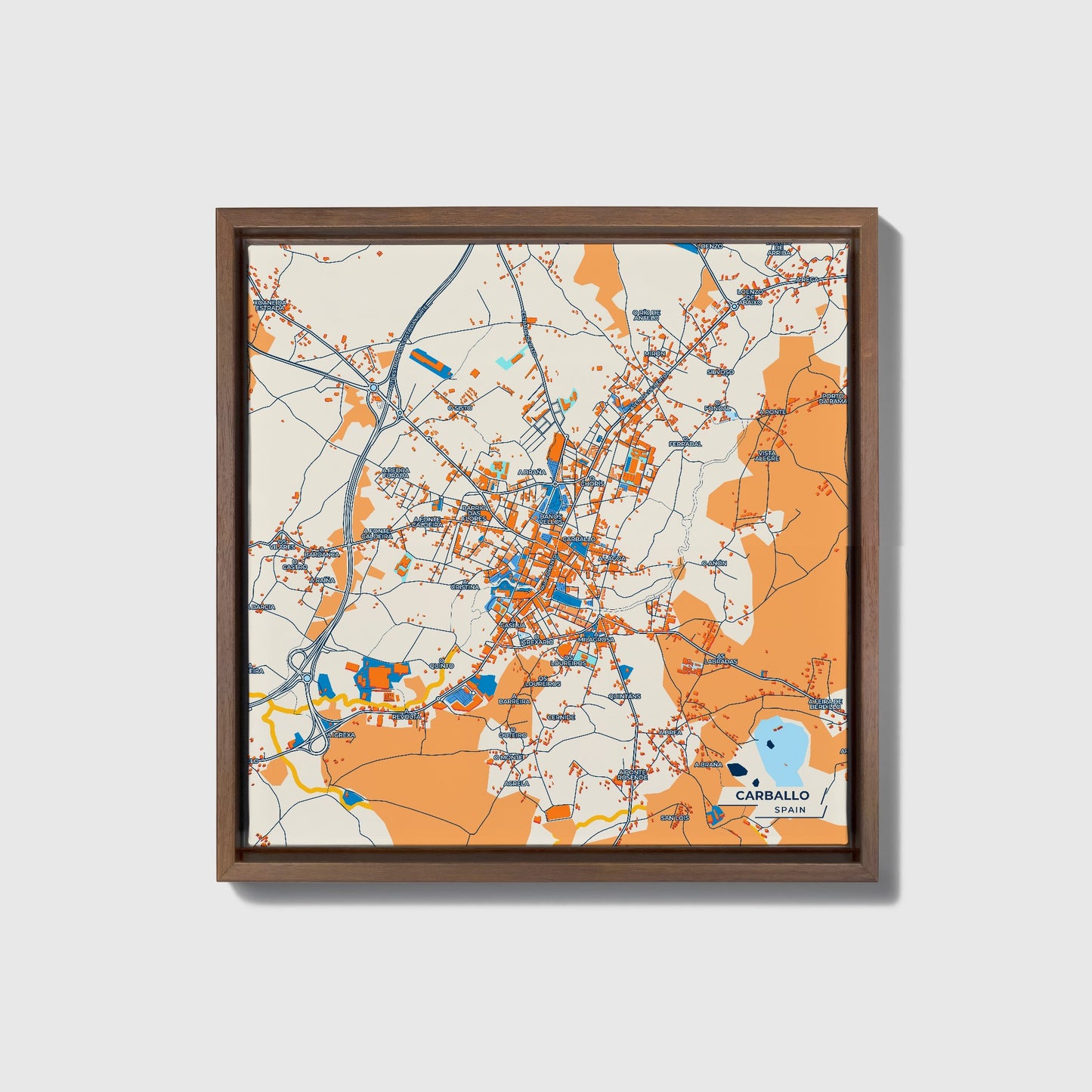 Carballo Spain Colorful City Map Canvas Print • Dark Wooden Framed