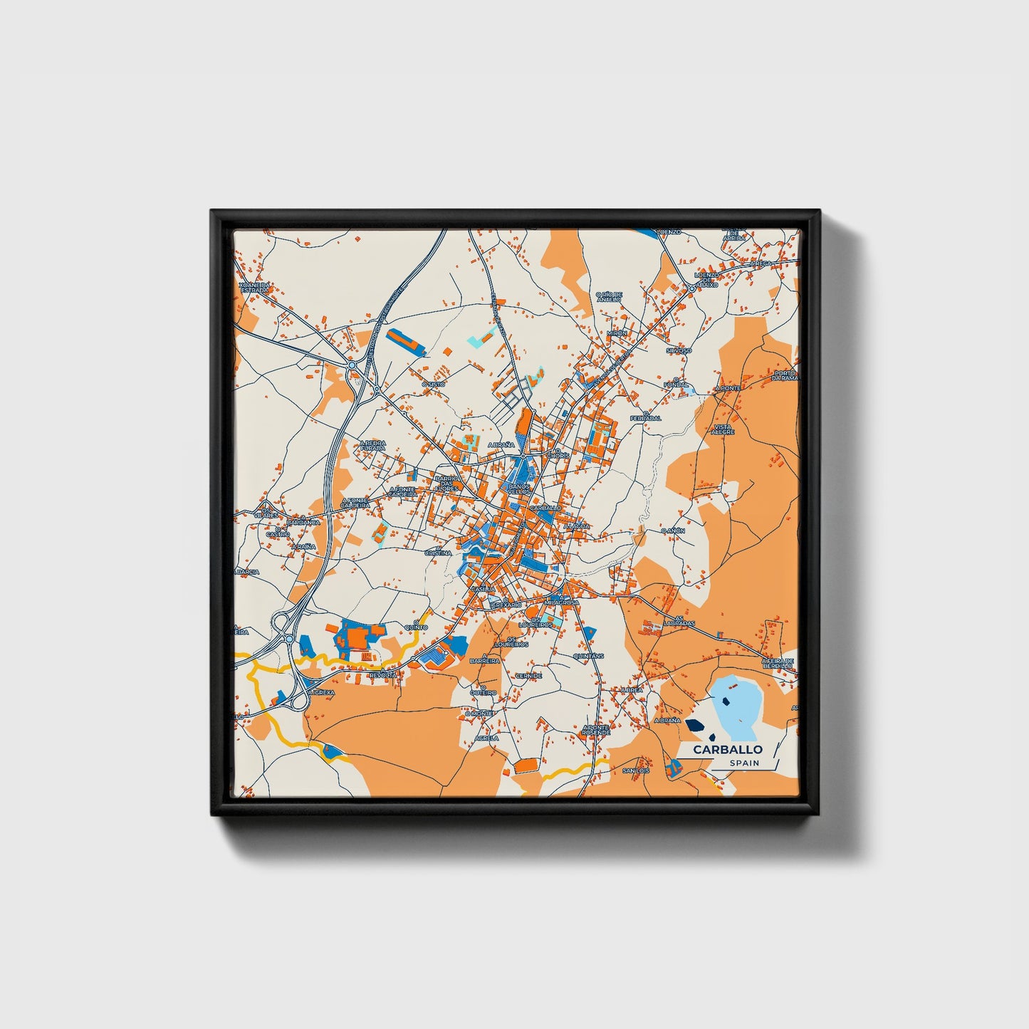 Carballo Spain Colorful City Map Canvas Print • Black Framed