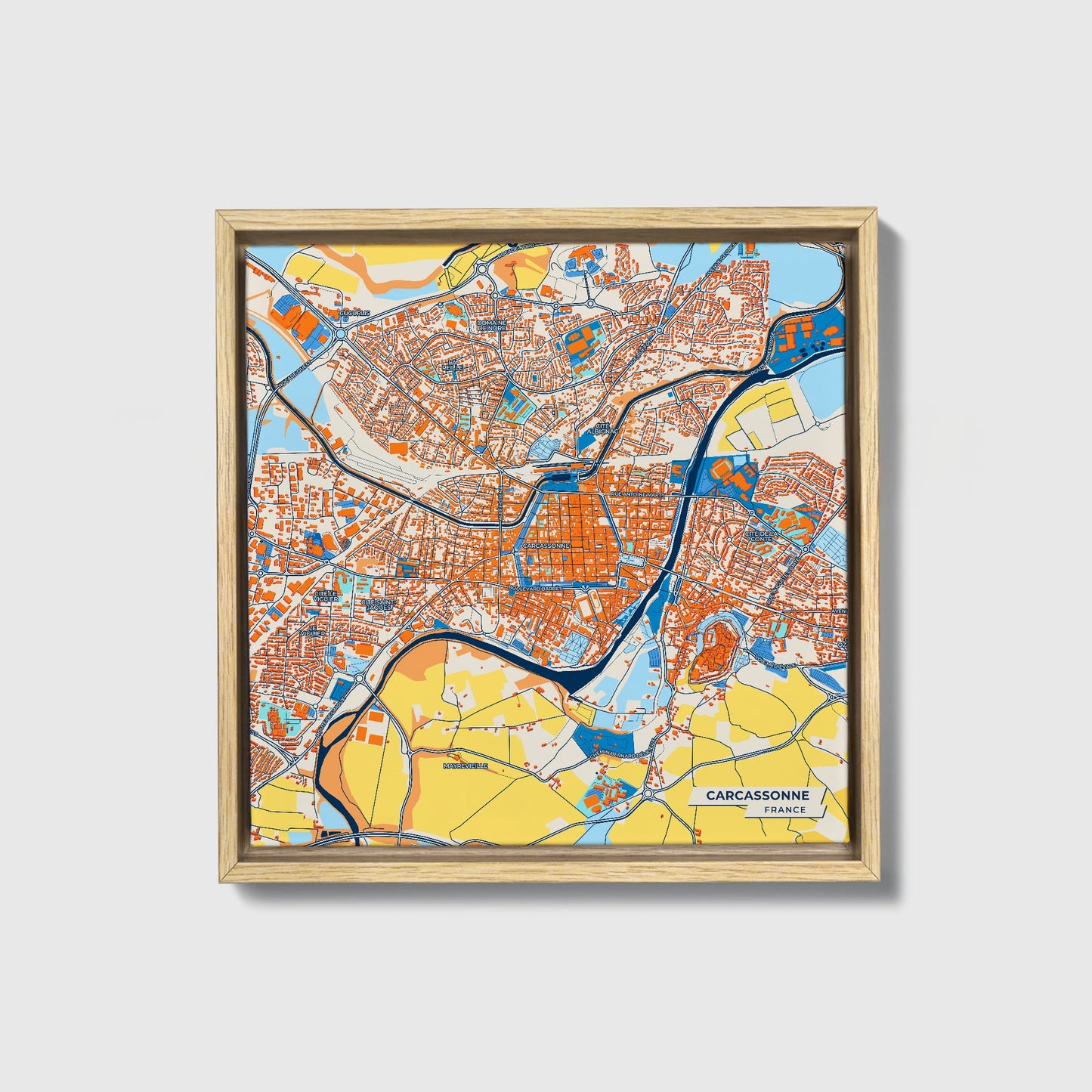 Carcassonne France Colorful City Map Canvas Print • Natural Wooden Framed