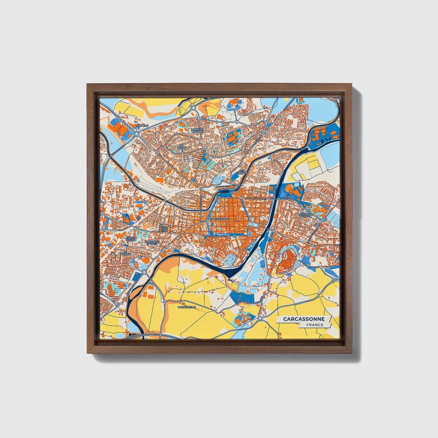 Carcassonne France Colorful City Map Canvas Print • Dark Wooden Framed