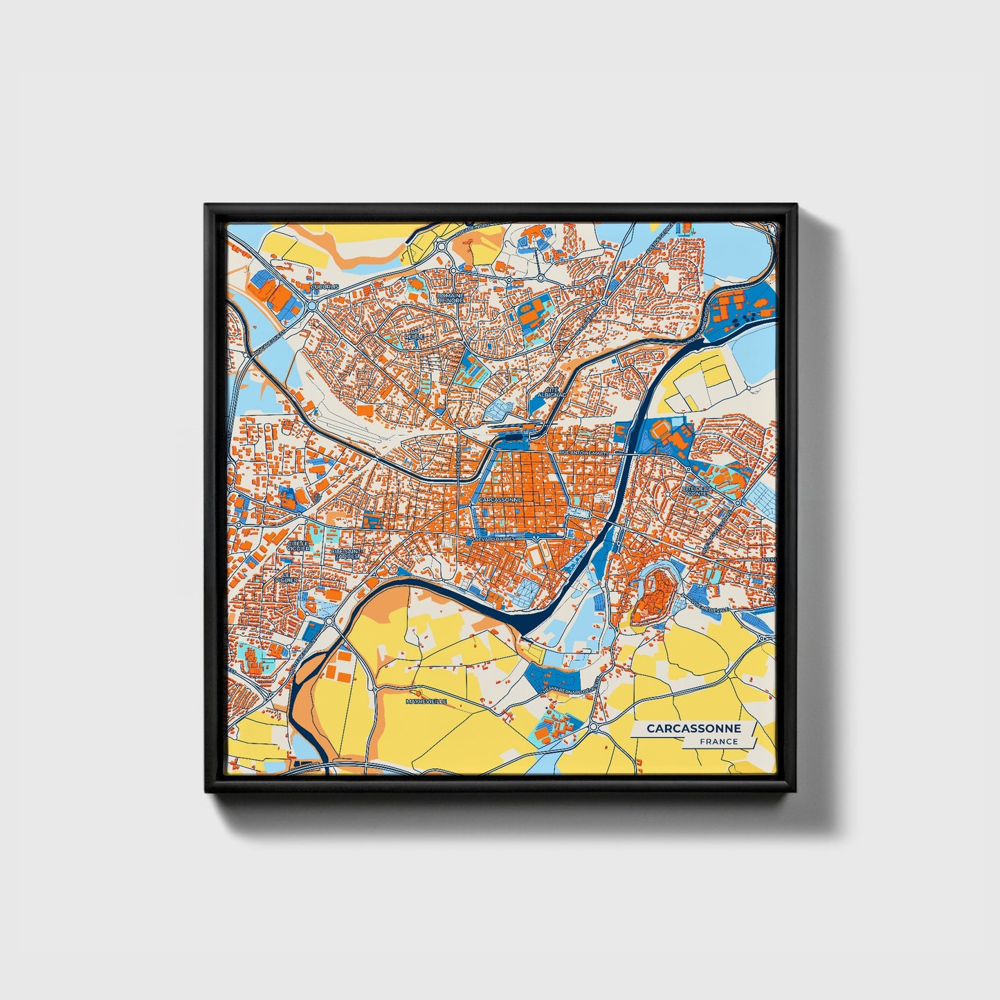 Carcassonne France Colorful City Map Canvas Print • Black Framed