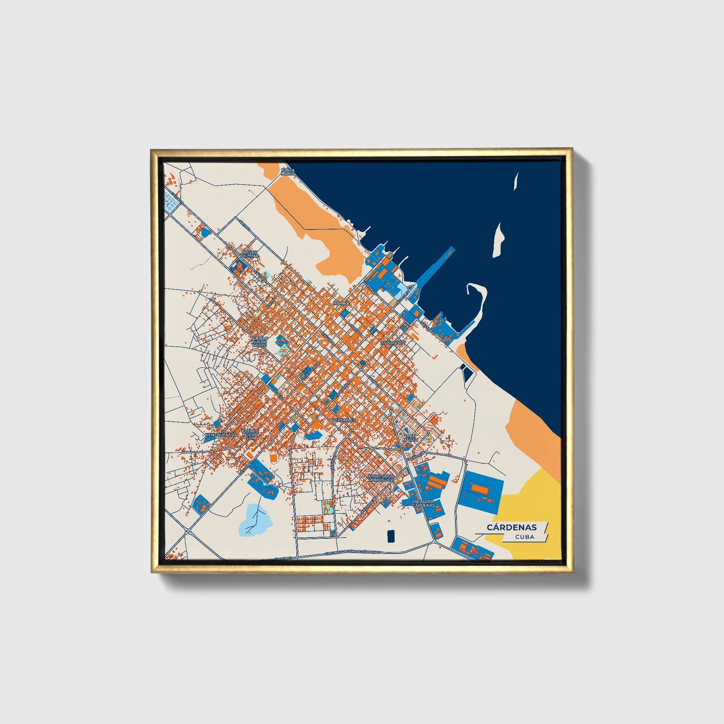 Cárdenas Cuba Colorful City Map Canvas Print • Gold Framed