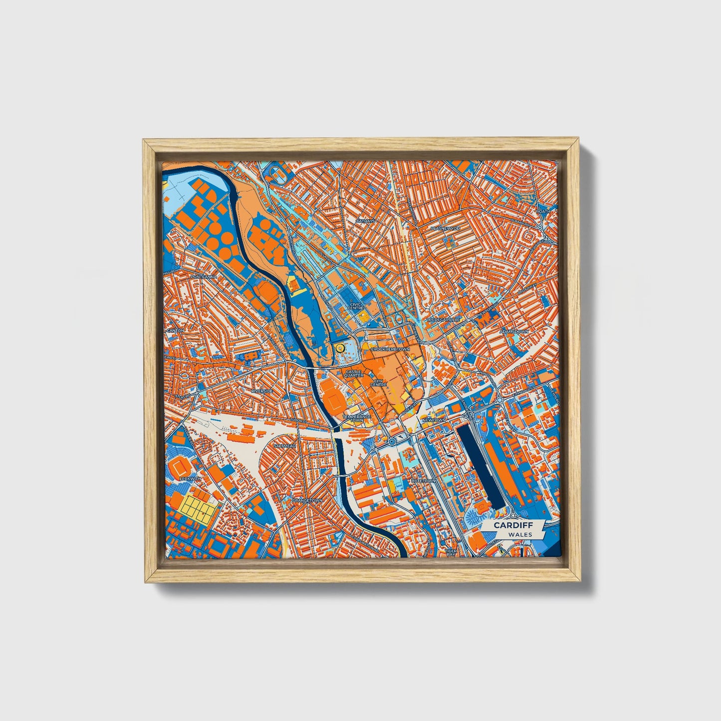 Cardiff Wales Colorful City Map Canvas Print • Natural Wooden Framed