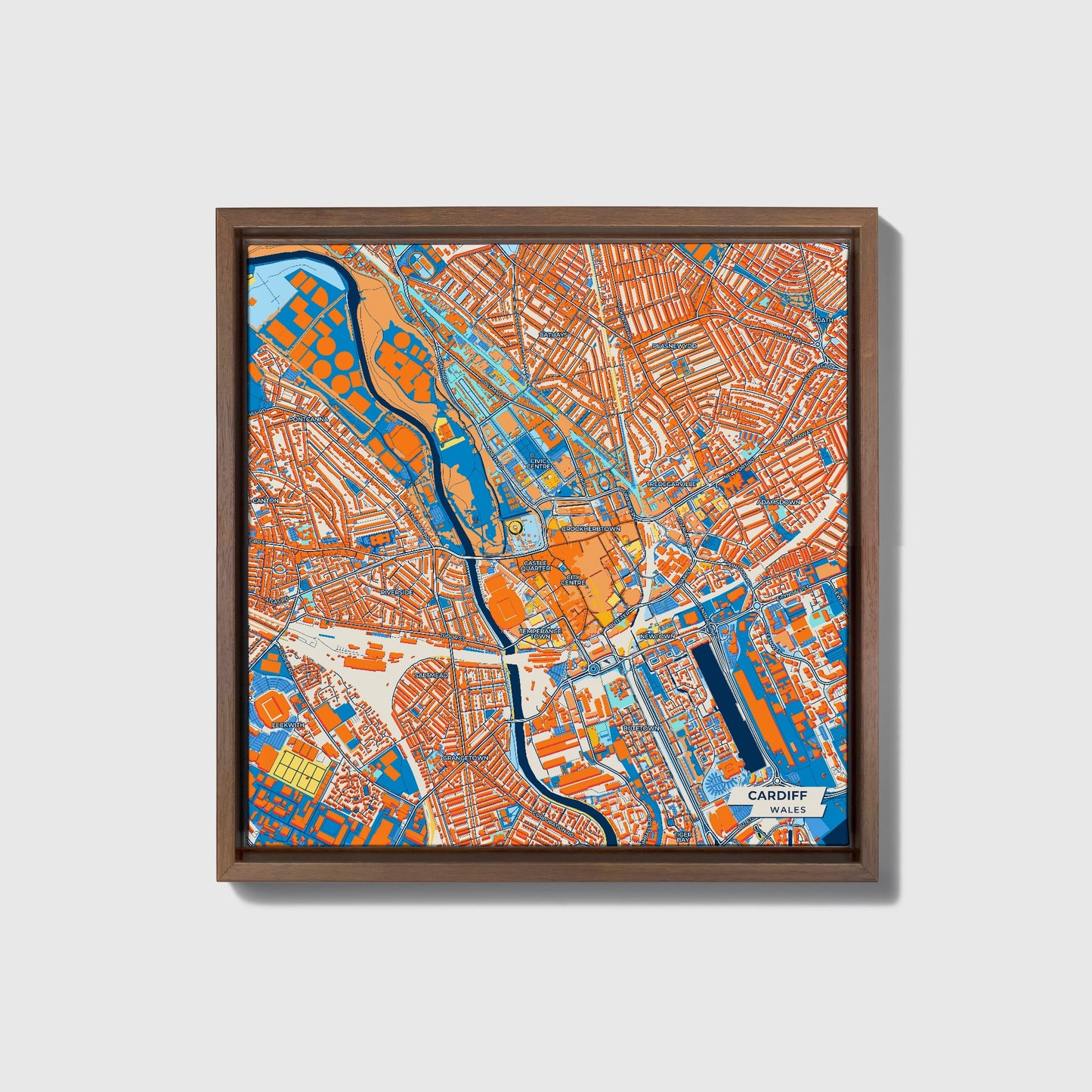 Cardiff Wales Colorful City Map Canvas Print • Dark Wooden Framed