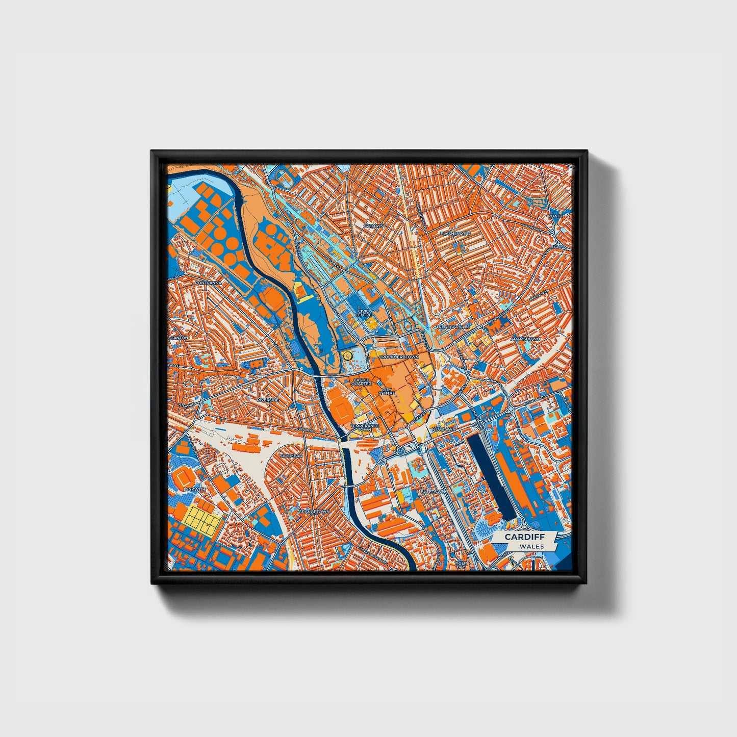Cardiff Wales Colorful City Map Canvas Print • Black Framed