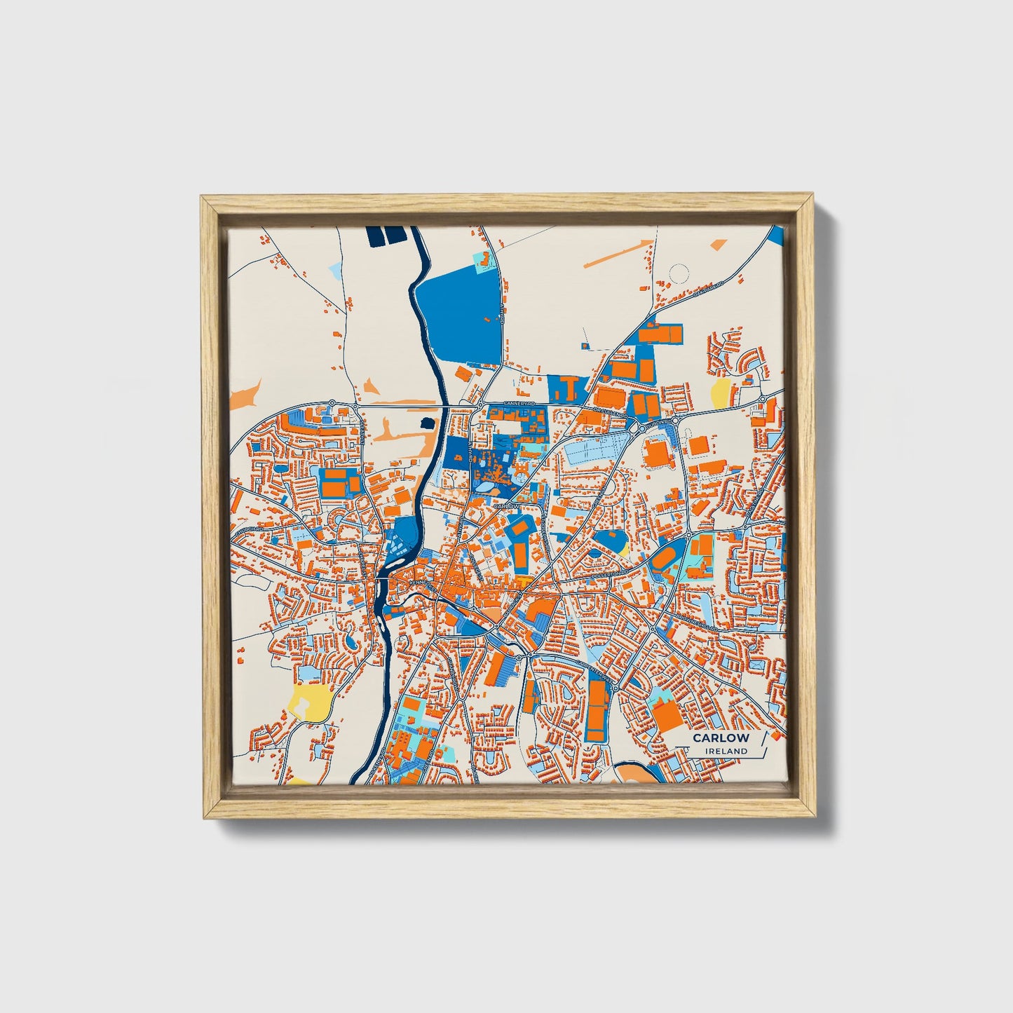Carlow Ireland Colorful City Map Canvas Print • Natural Wooden Framed