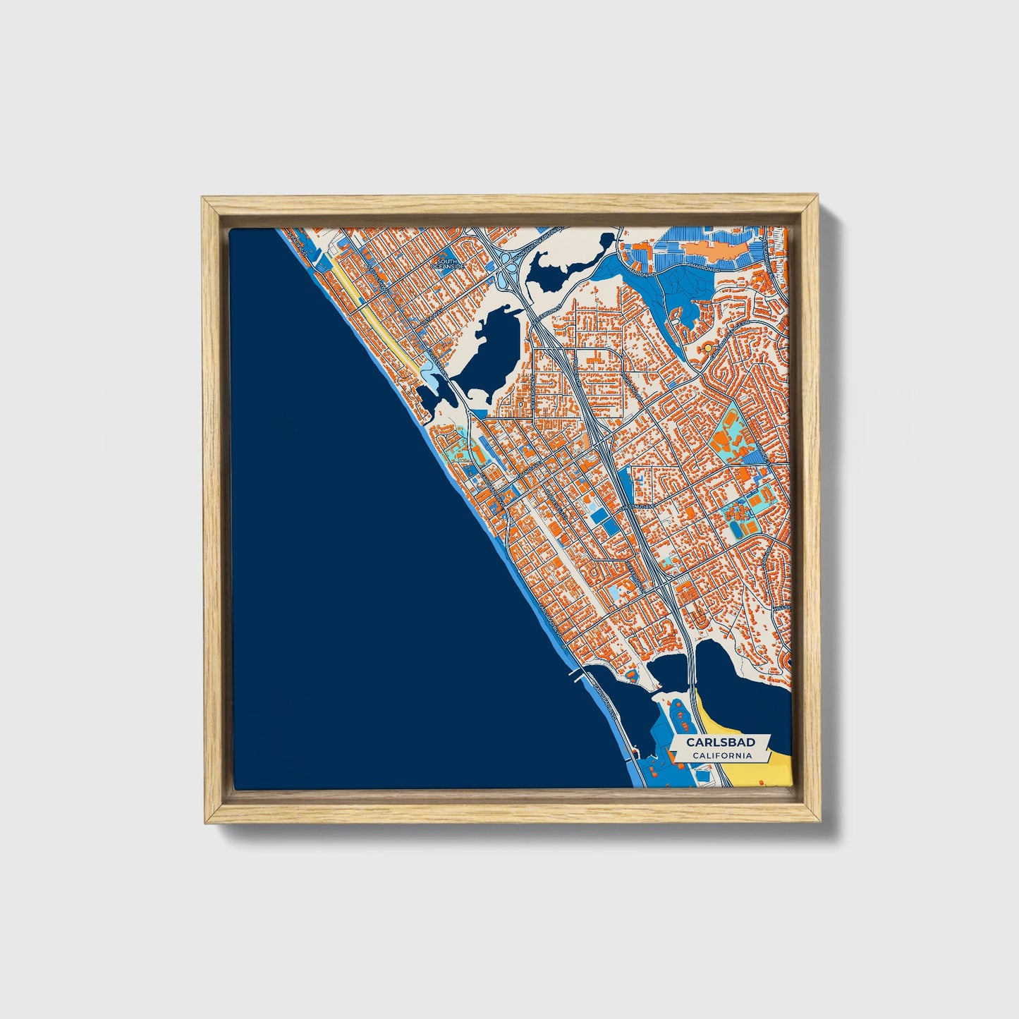 Carlsbad California Colorful City Map Canvas Print • Natural Wooden Framed